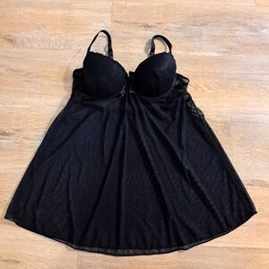 Tracy Black Sheer Lace Babydoll Lingerie Underwire Push-Up Bra Women Small